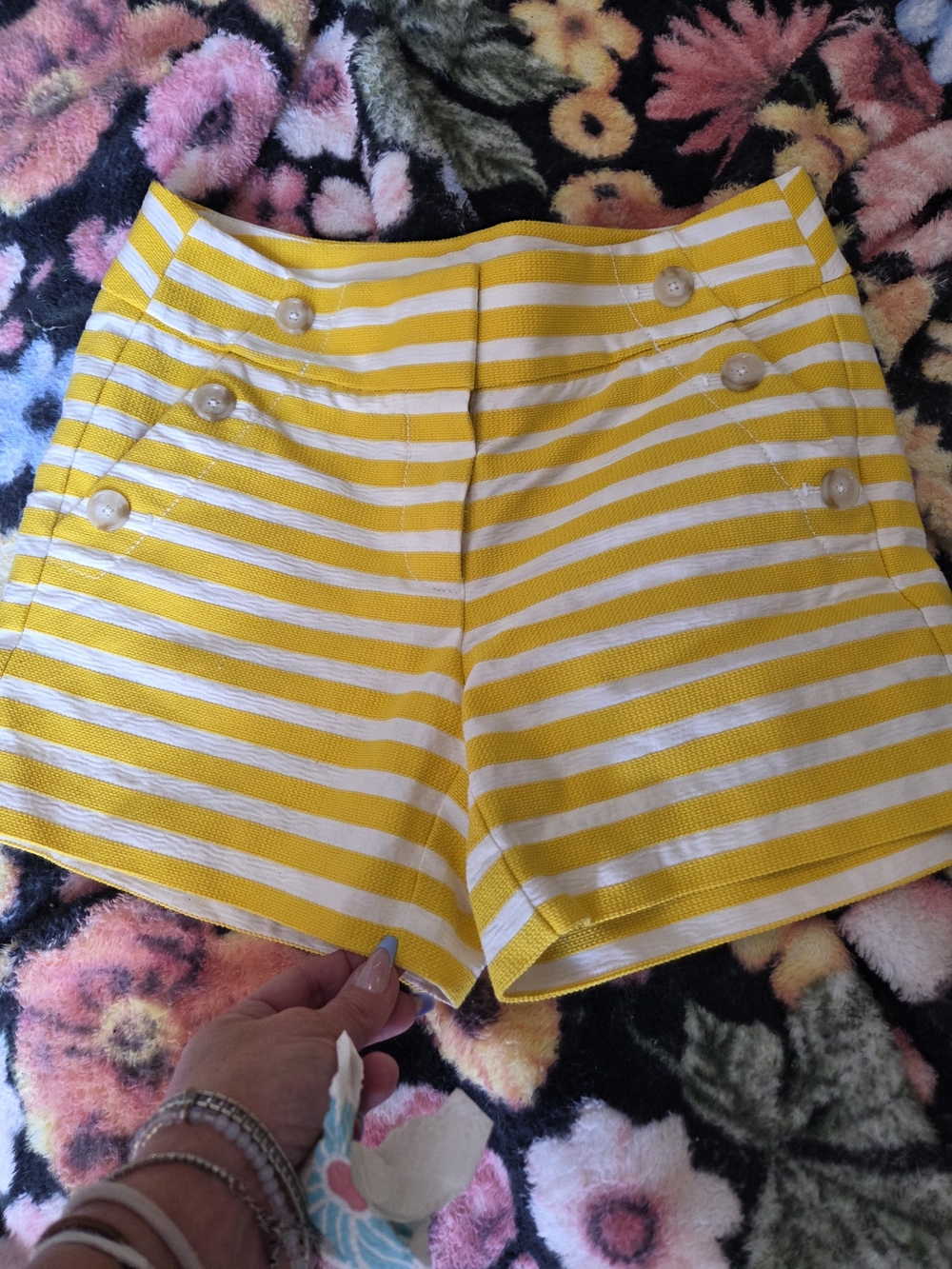 LOFT Yellow and White Striped High-Waist Button Shorts